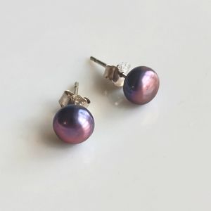 Real 925 Silver Stud Earrings Black Freshwater Cultured Pearl Button Earrings
